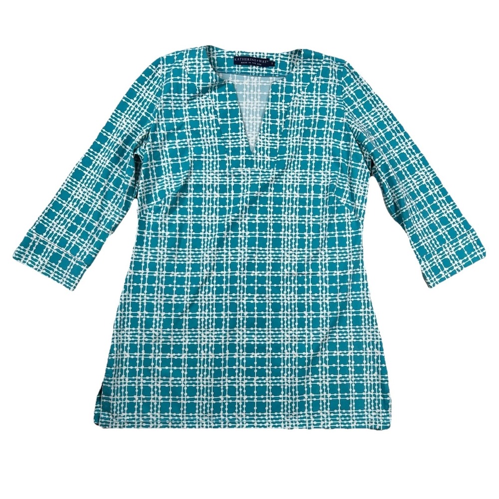 Katherine Way Top Womens Sm Geometric Tunic V Neck Performance Stretch Beach USA